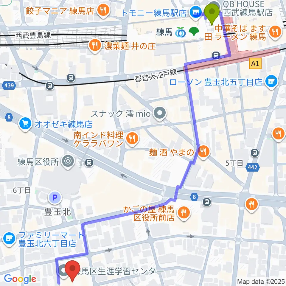 練馬区立生涯学習センターの最寄駅練馬駅からの徒歩ルート（約8分）地図