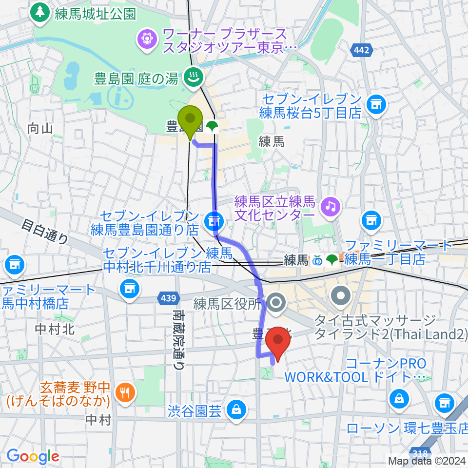 豊島園駅から練馬区立生涯学習センターへのルートマップ地図