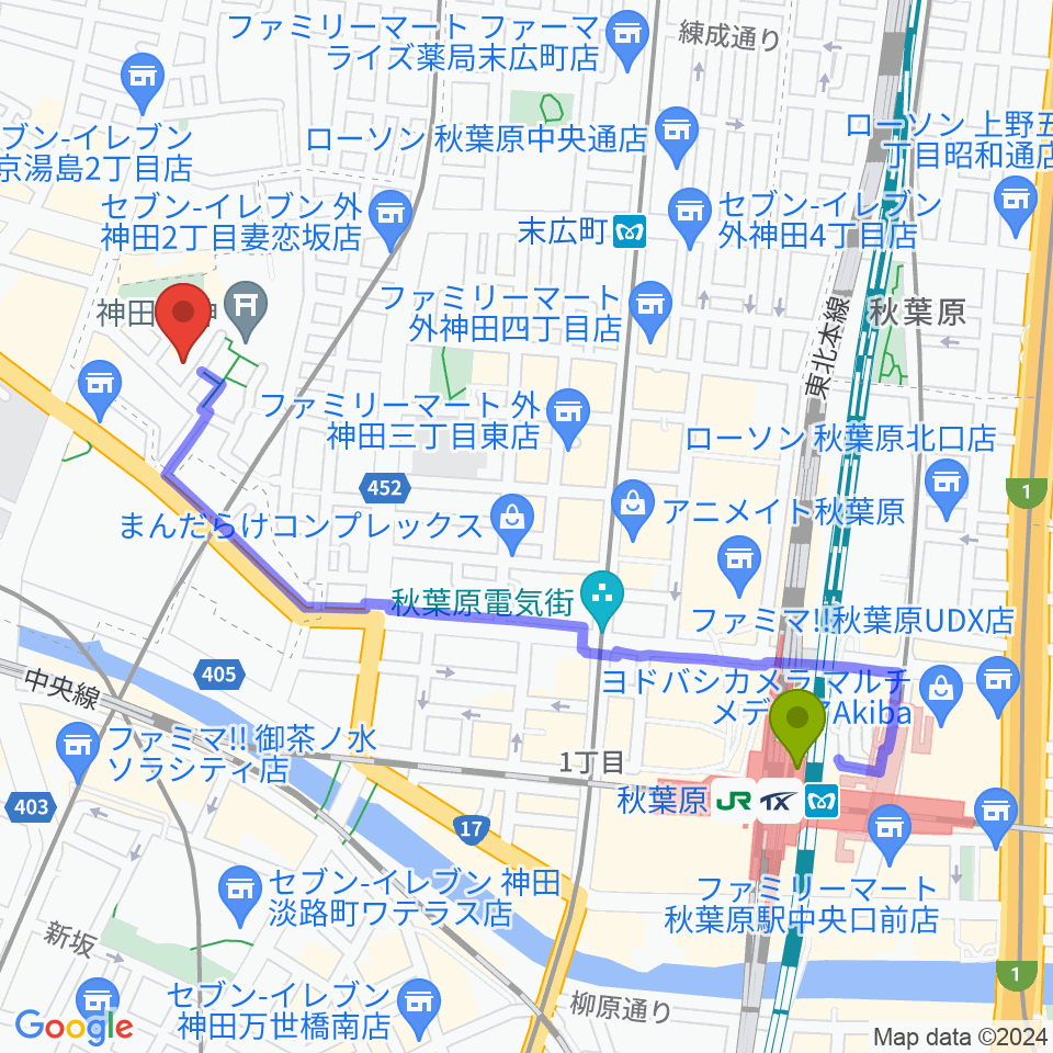 秋葉原駅から神田明神ホールへのルートマップ地図