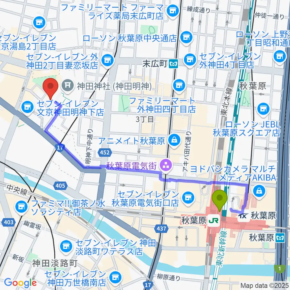 秋葉原駅から神田明神ホールへのルートマップ地図
