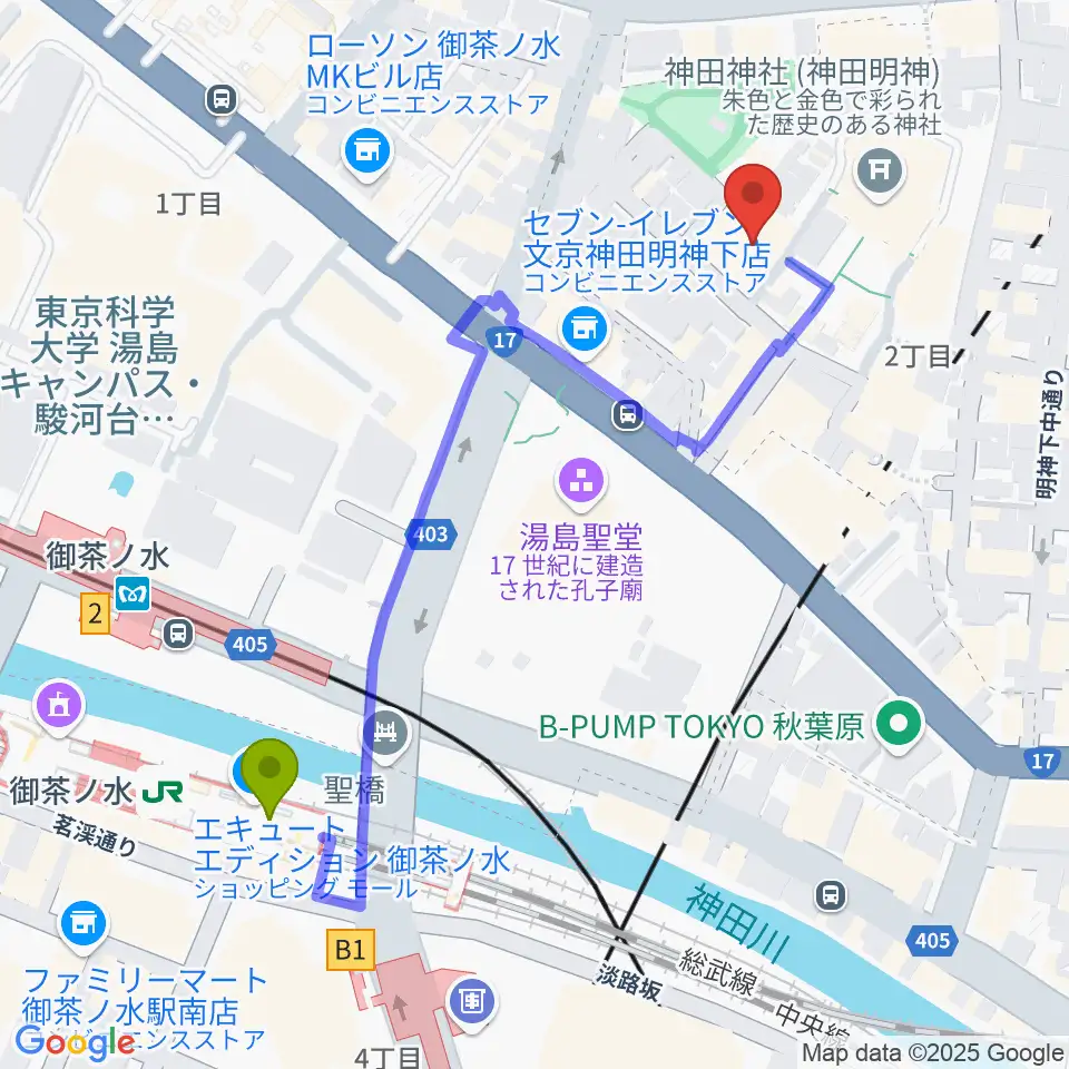 神田明神ホールの最寄駅御茶ノ水駅からの徒歩ルート（約5分）地図