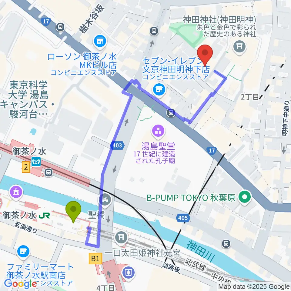 神田明神ホールの最寄駅御茶ノ水駅からの徒歩ルート（約5分）地図