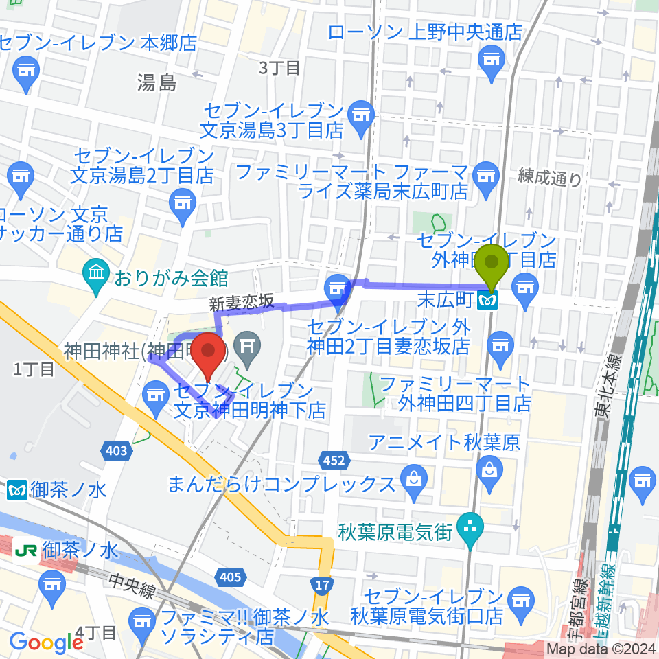 末広町駅から神田明神ホールへのルートマップ地図