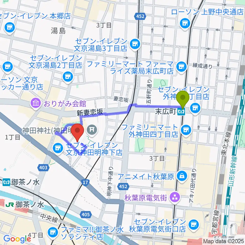 末広町駅から神田明神ホールへのルートマップ地図