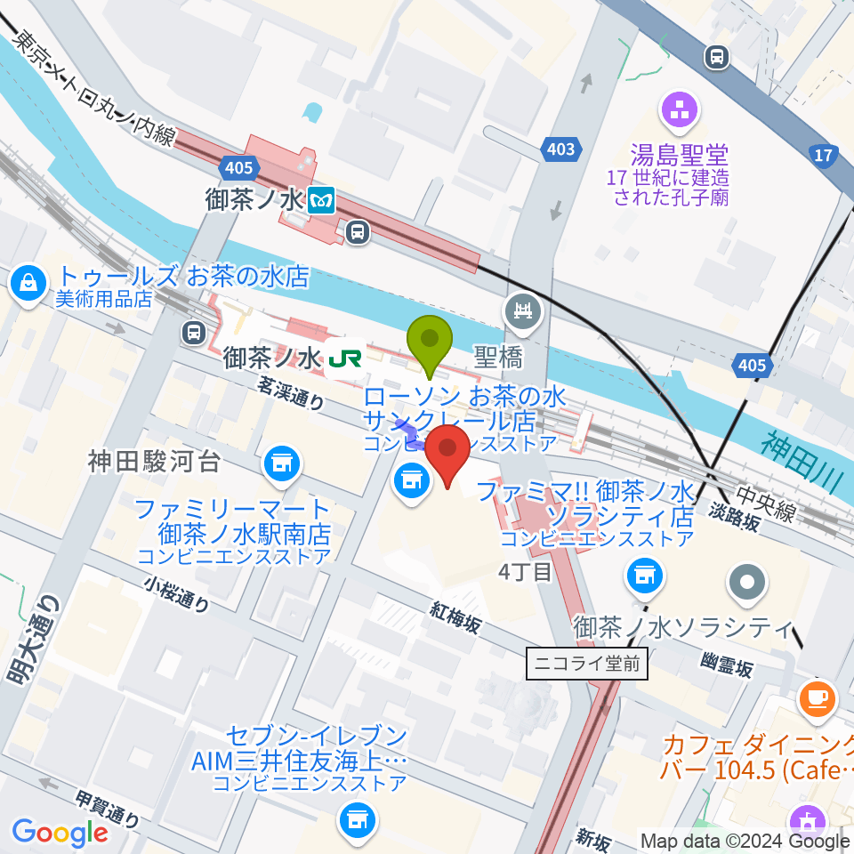 ディスクユニオンお茶の水駅前店の最寄駅御茶ノ水駅からの徒歩ルート（約1分）地図