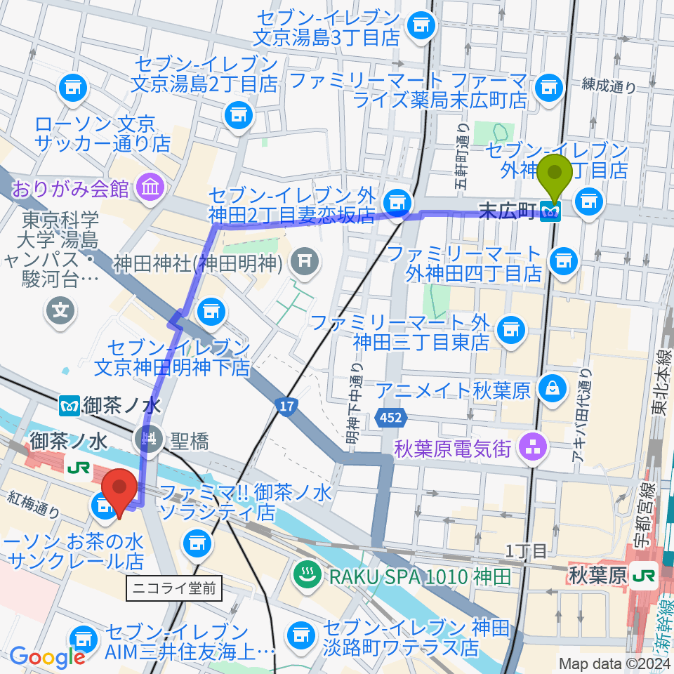 末広町駅からディスクユニオンお茶の水駅前店へのルートマップ地図