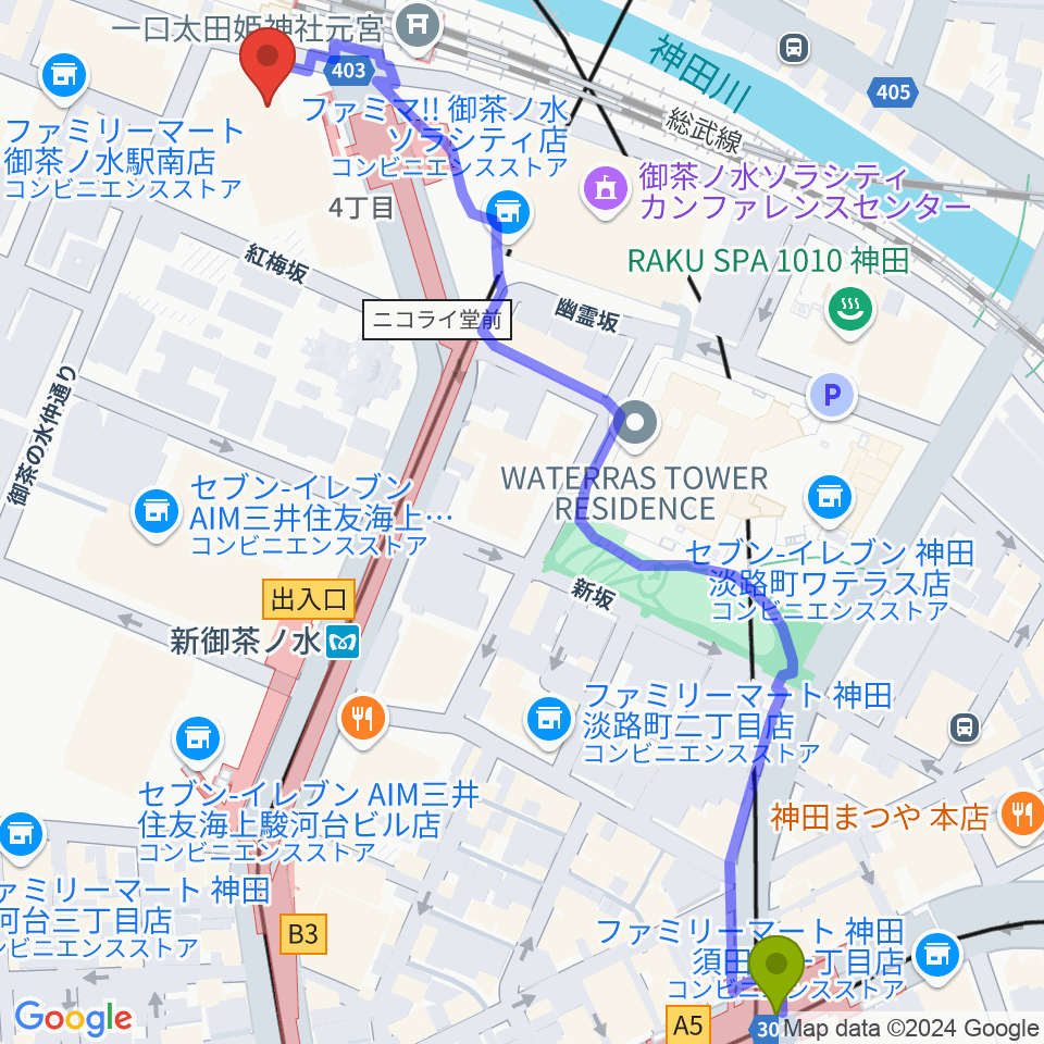 淡路町駅からディスクユニオンお茶の水駅前店へのルートマップ地図