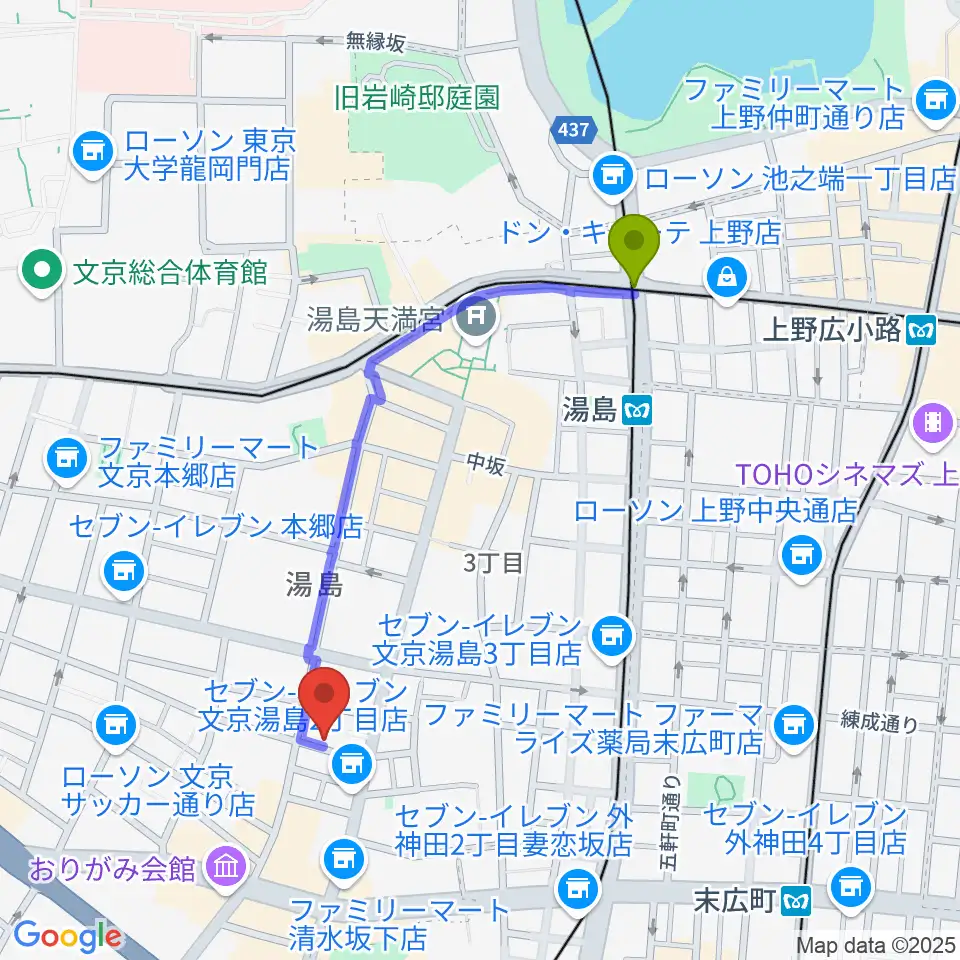 湯島駅からスチュディオ・トリアノンへのルートマップ地図