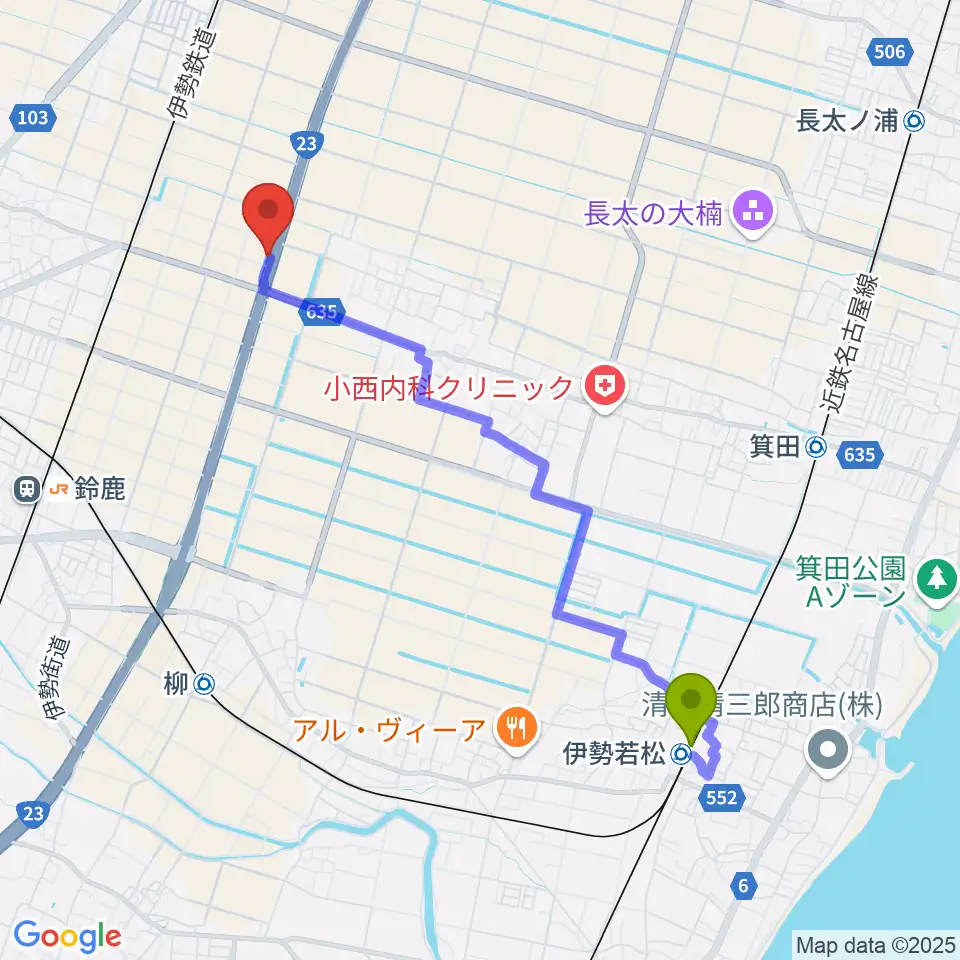 伊勢若松駅からAscendミュージック・スタジオへのルートマップ地図