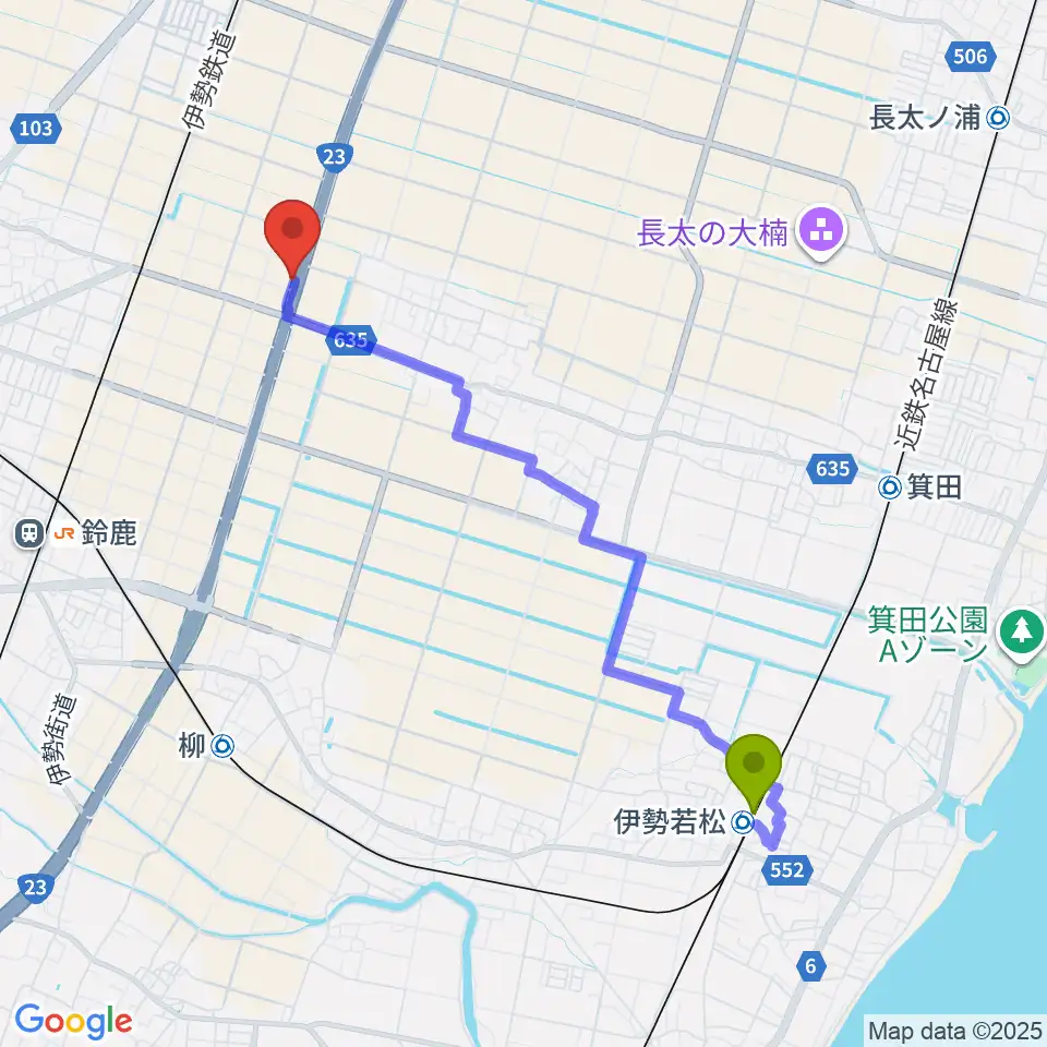 伊勢若松駅からAscendミュージック・スタジオへのルートマップ地図