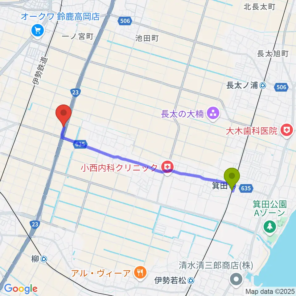 箕田駅からAscendミュージック・スタジオへのルートマップ地図