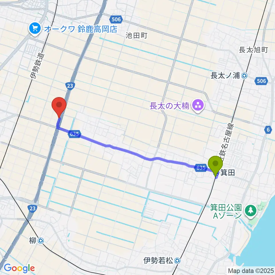 箕田駅からAscendミュージック・スタジオへのルートマップ地図