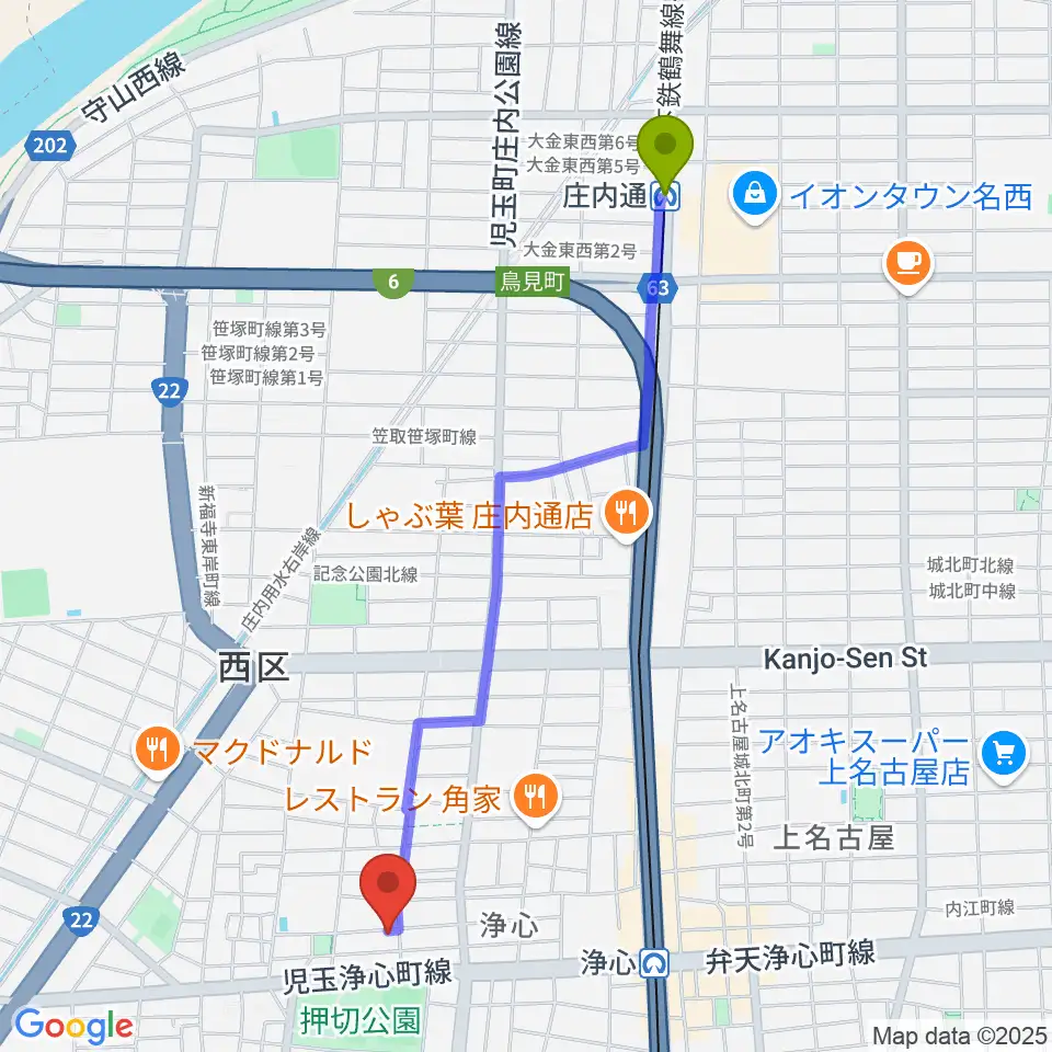 庄内通駅からSwon Studioへのルートマップ地図