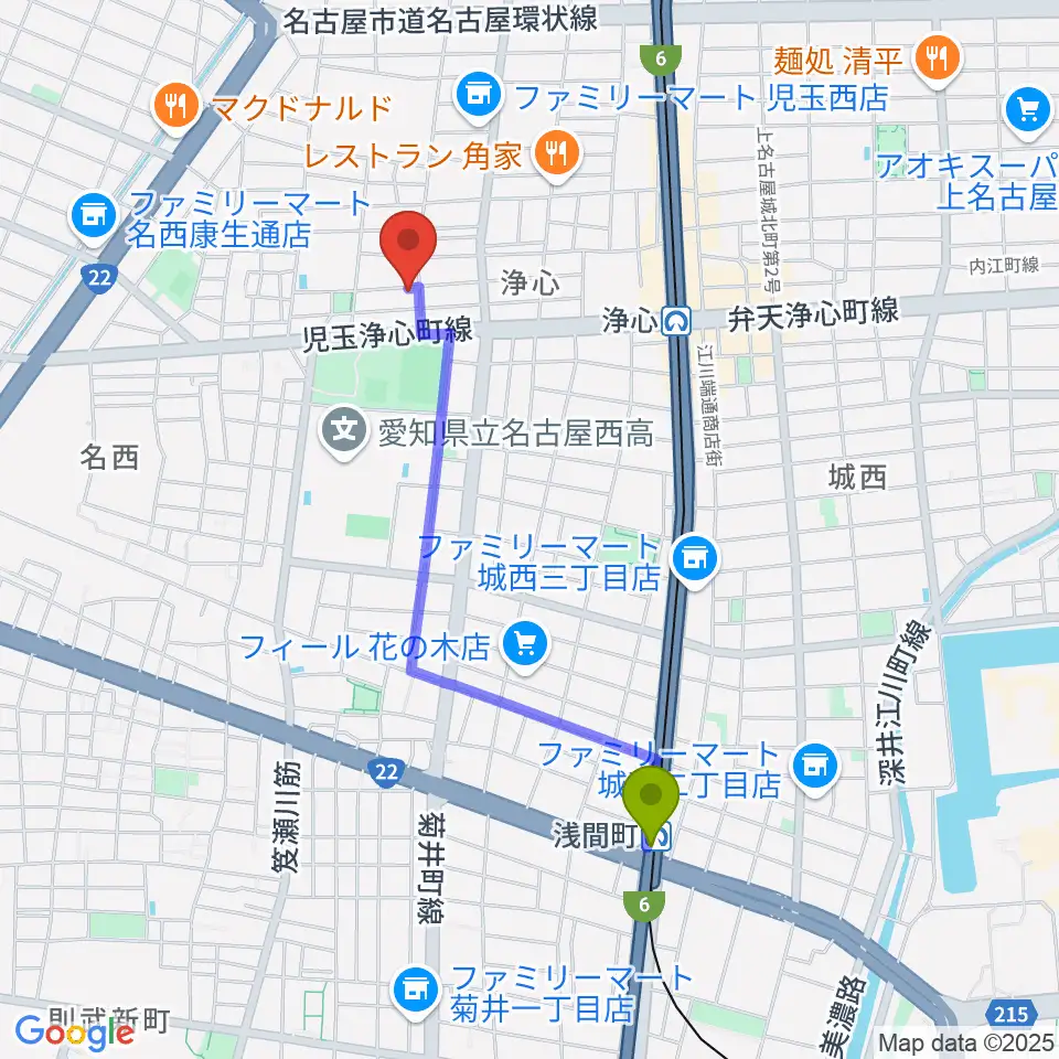 浅間町駅からSwon Studioへのルートマップ地図