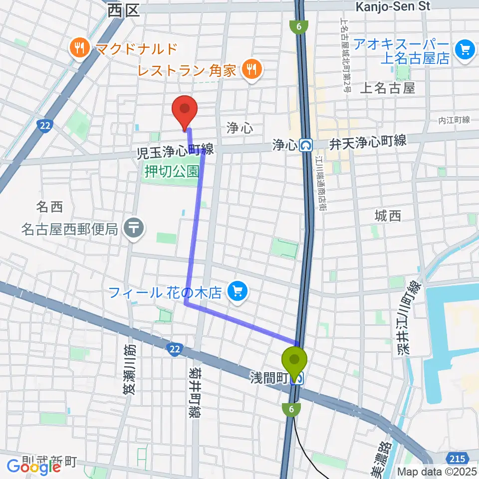 浅間町駅からSwon Studioへのルートマップ地図