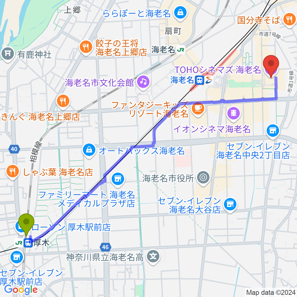 厚木駅からTOHOシネマズ海老名へのルートマップ地図