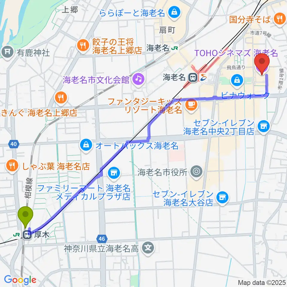 厚木駅からTOHOシネマズ海老名へのルートマップ地図