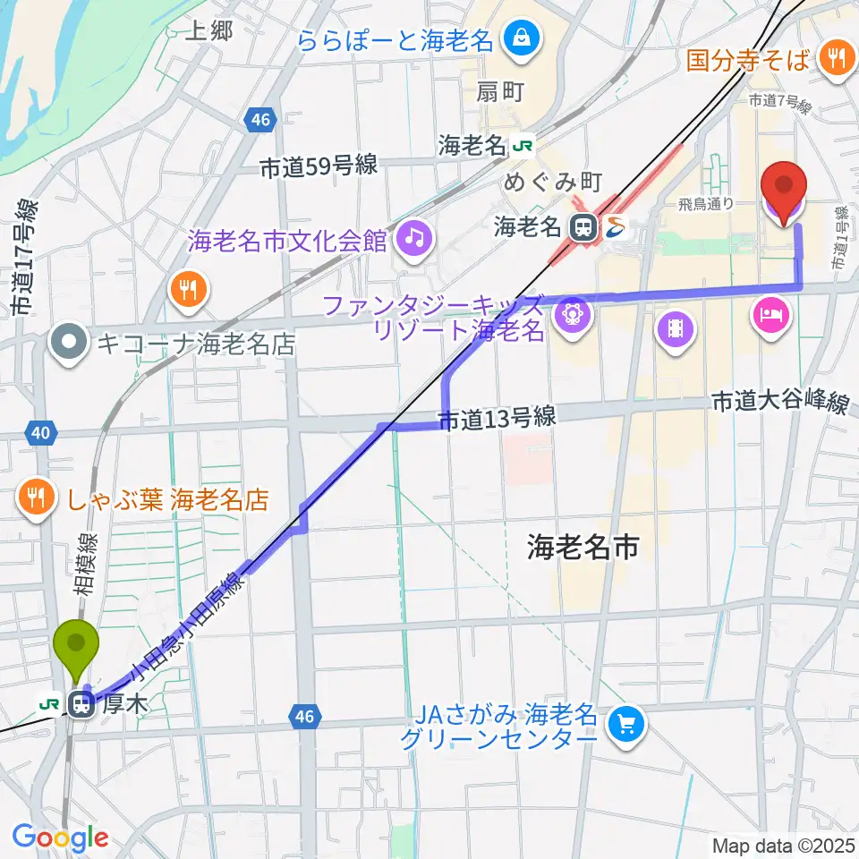 厚木駅からTOHOシネマズ海老名へのルートマップ地図