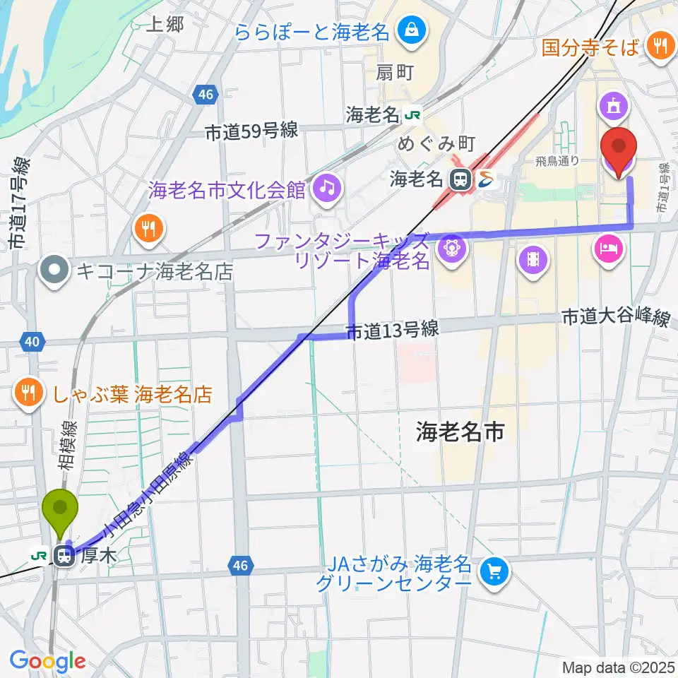 厚木駅からTOHOシネマズ海老名へのルートマップ地図