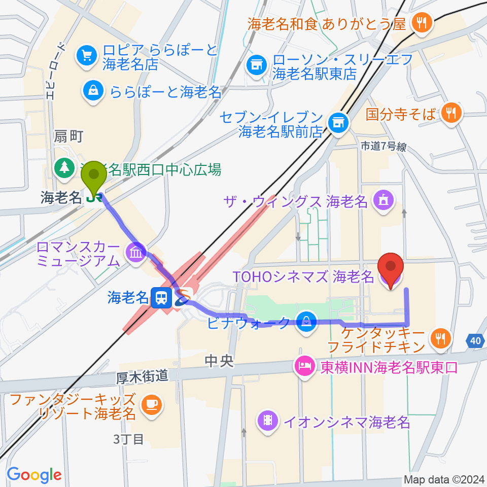 TOHOシネマズ海老名の最寄駅海老名駅からの徒歩ルート（約10分）地図