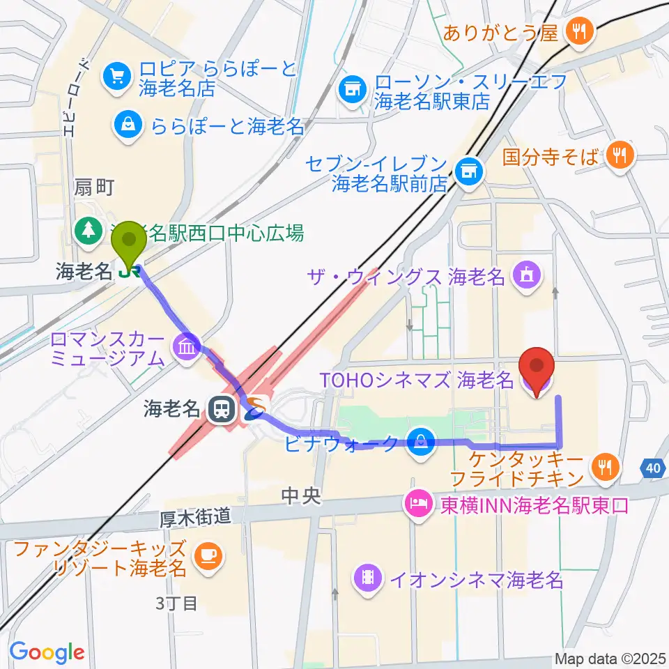 TOHOシネマズ海老名の最寄駅海老名駅からの徒歩ルート（約10分）地図