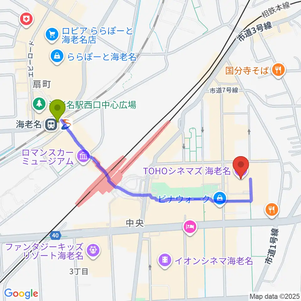 TOHOシネマズ海老名の最寄駅海老名駅からの徒歩ルート（約10分）地図