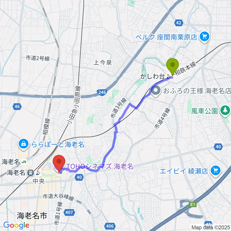 かしわ台駅からTOHOシネマズ海老名へのルートマップ地図