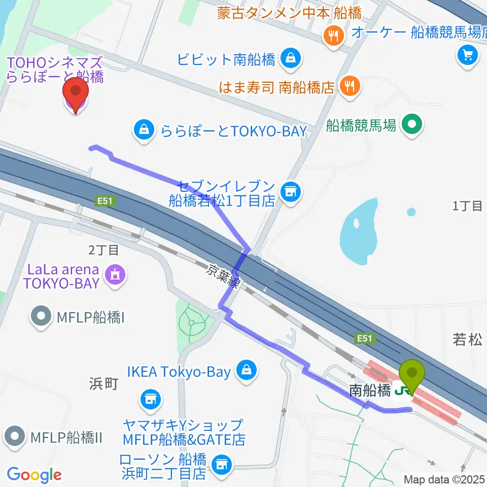 TOHOシネマズららぽーと船橋の最寄駅南船橋駅からの徒歩ルート(約11分) MDATA TOHOシネマズららぽーと船橋の最寄駅南船橋駅からの徒歩ルート(約11分) MDATA
