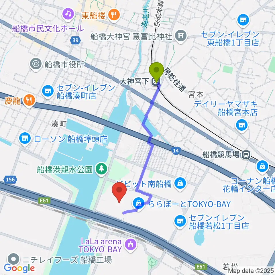 大神宮下駅からTOHOシネマズららぽーと船橋へのルートマップ地図