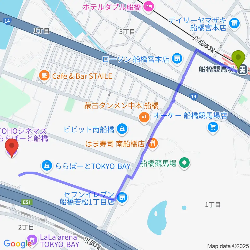 船橋競馬場駅からTOHOシネマズららぽーと船橋へのルートマップ地図