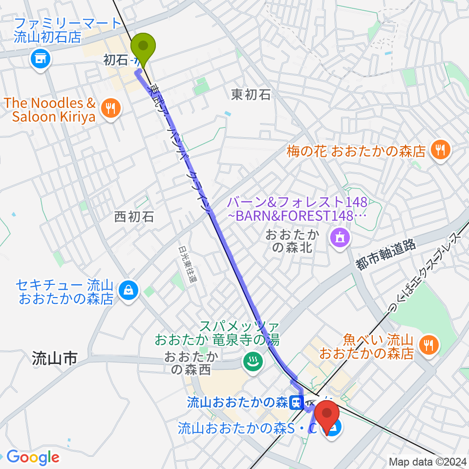 初石駅からTOHOシネマズ流山おおたかの森へのルートマップ地図