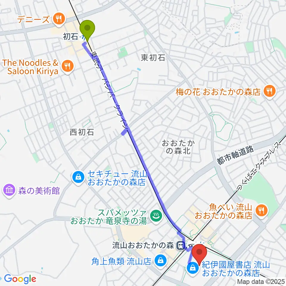 初石駅からTOHOシネマズ流山おおたかの森へのルートマップ地図