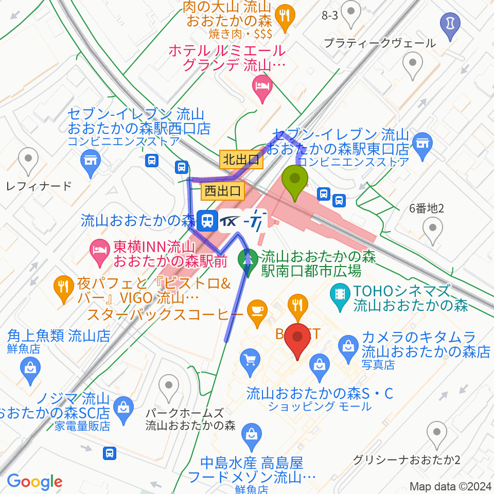 Tohoシネマズ流山おおたかの森の最寄駅流山おおたかの森駅からの徒歩ルート（約2分） Mdata