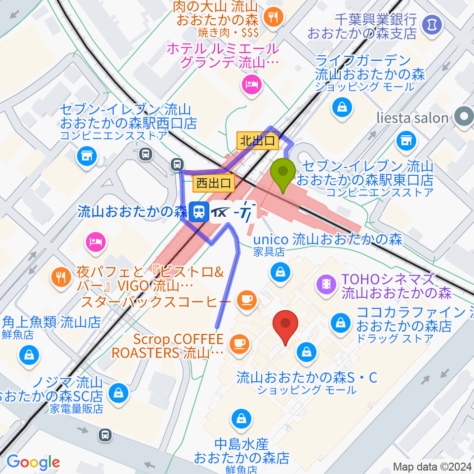 TOHOシネマズ流山おおたかの森の最寄駅流山おおたかの森駅からの徒歩ルート（約2分）地図