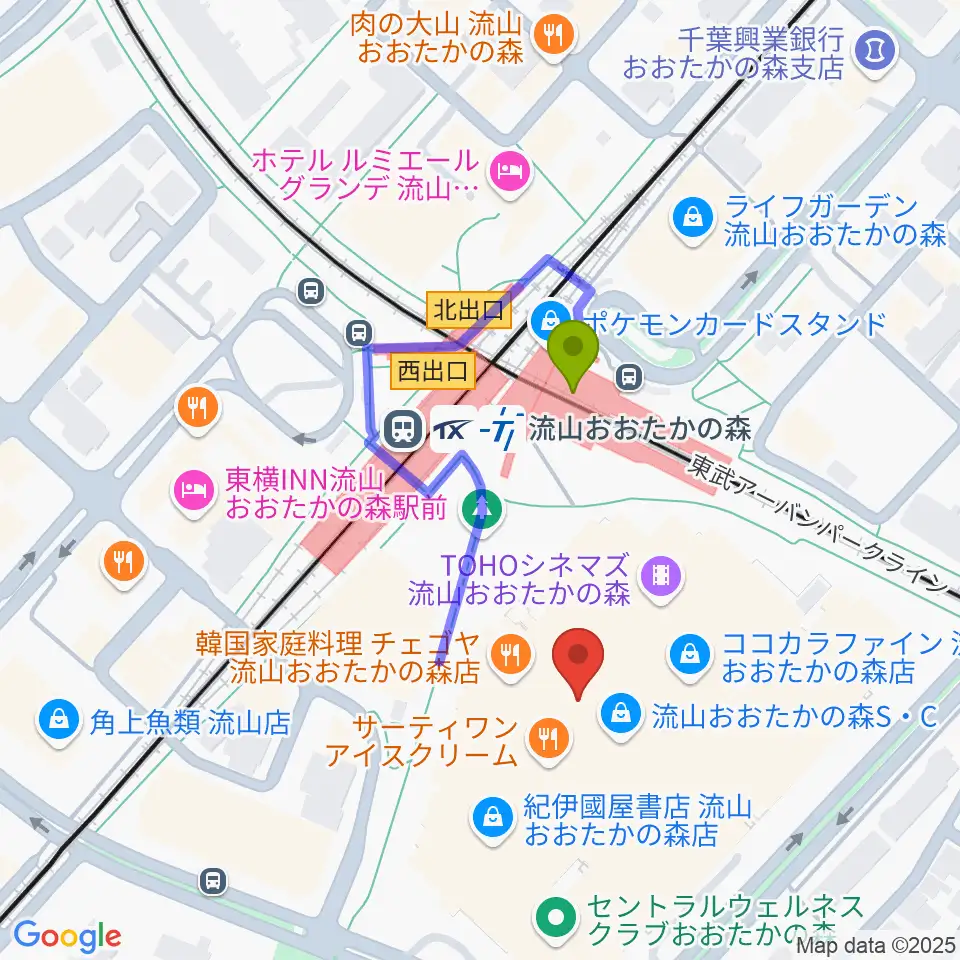 TOHOシネマズ流山おおたかの森の最寄駅流山おおたかの森駅からの徒歩ルート（約2分）地図