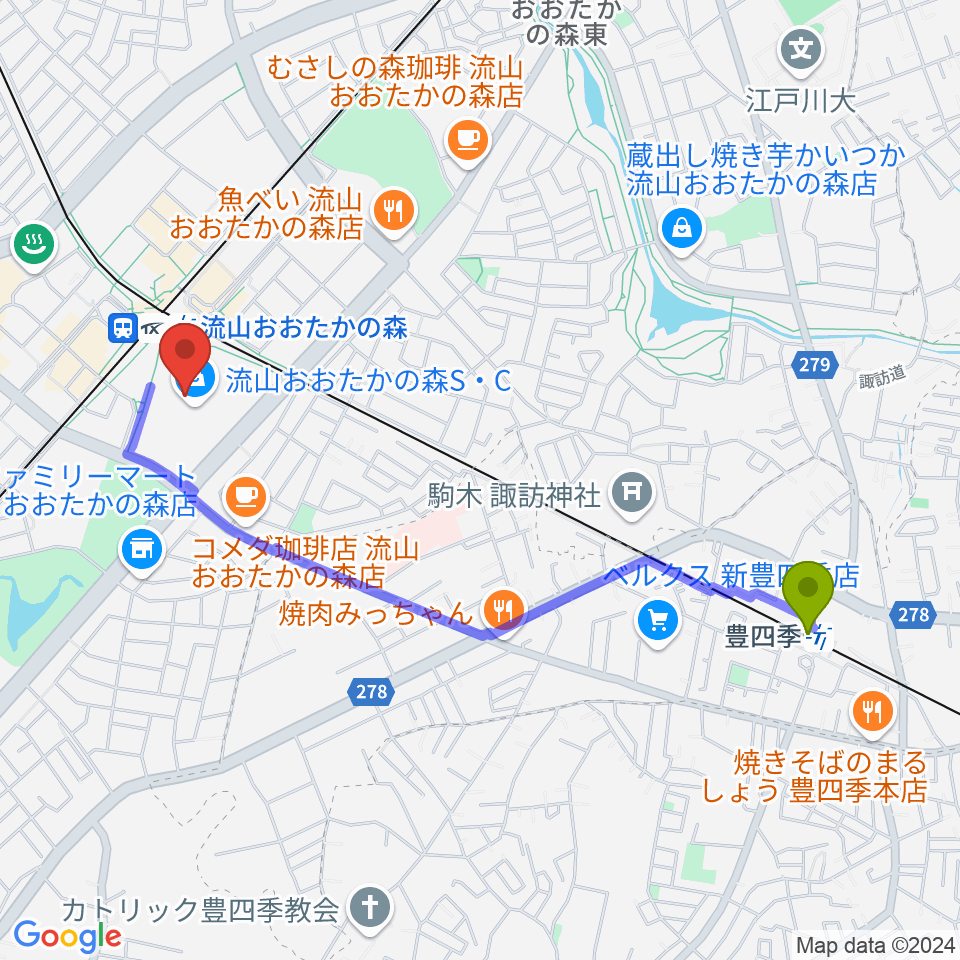 豊四季駅からTOHOシネマズ流山おおたかの森へのルートマップ地図