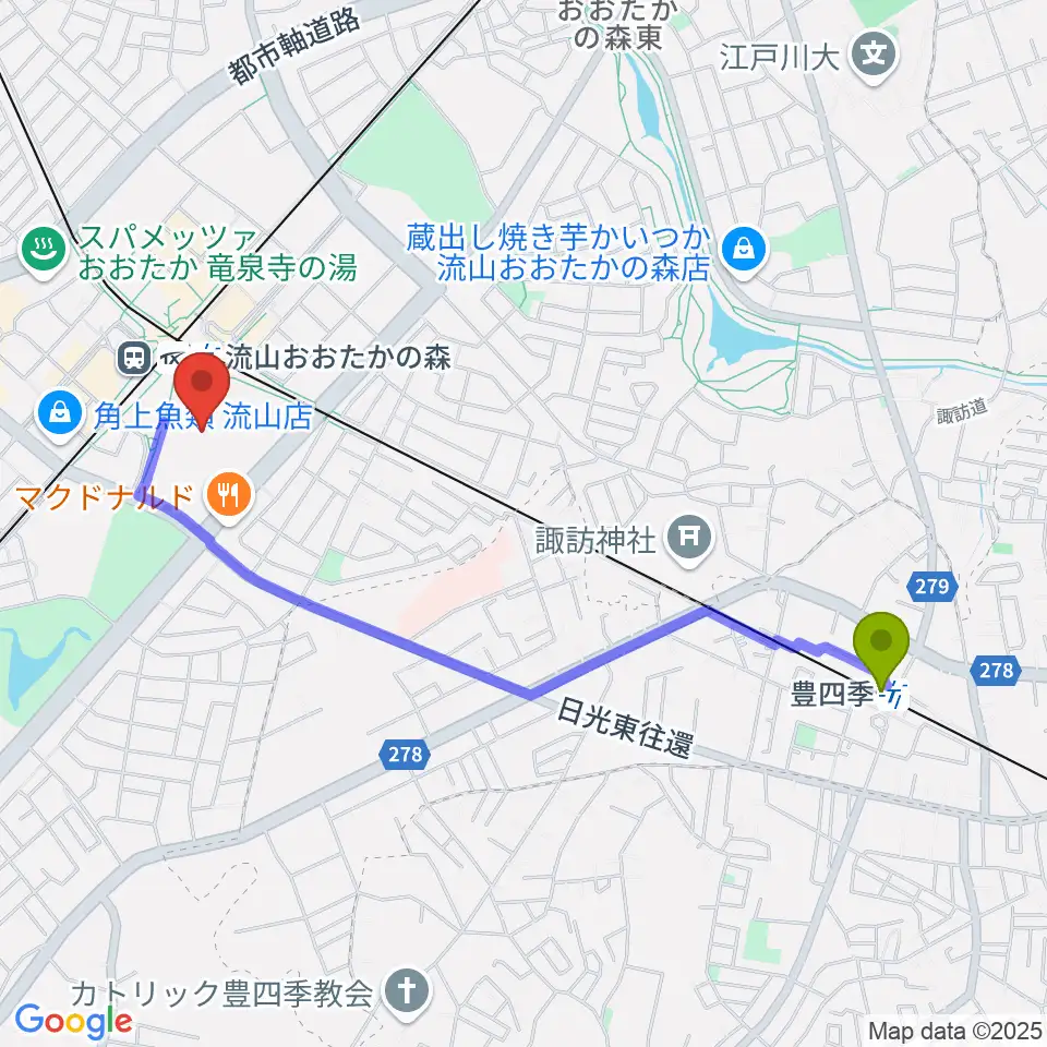 豊四季駅からTOHOシネマズ流山おおたかの森へのルートマップ地図