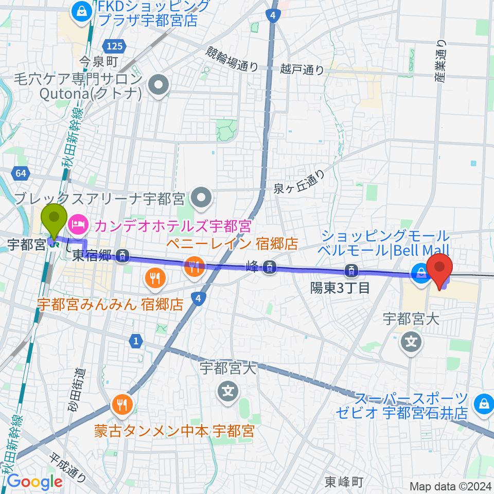 Tohoシネマズ宇都宮の最寄駅宇都宮駅からの徒歩ルート 約48分 Mdata