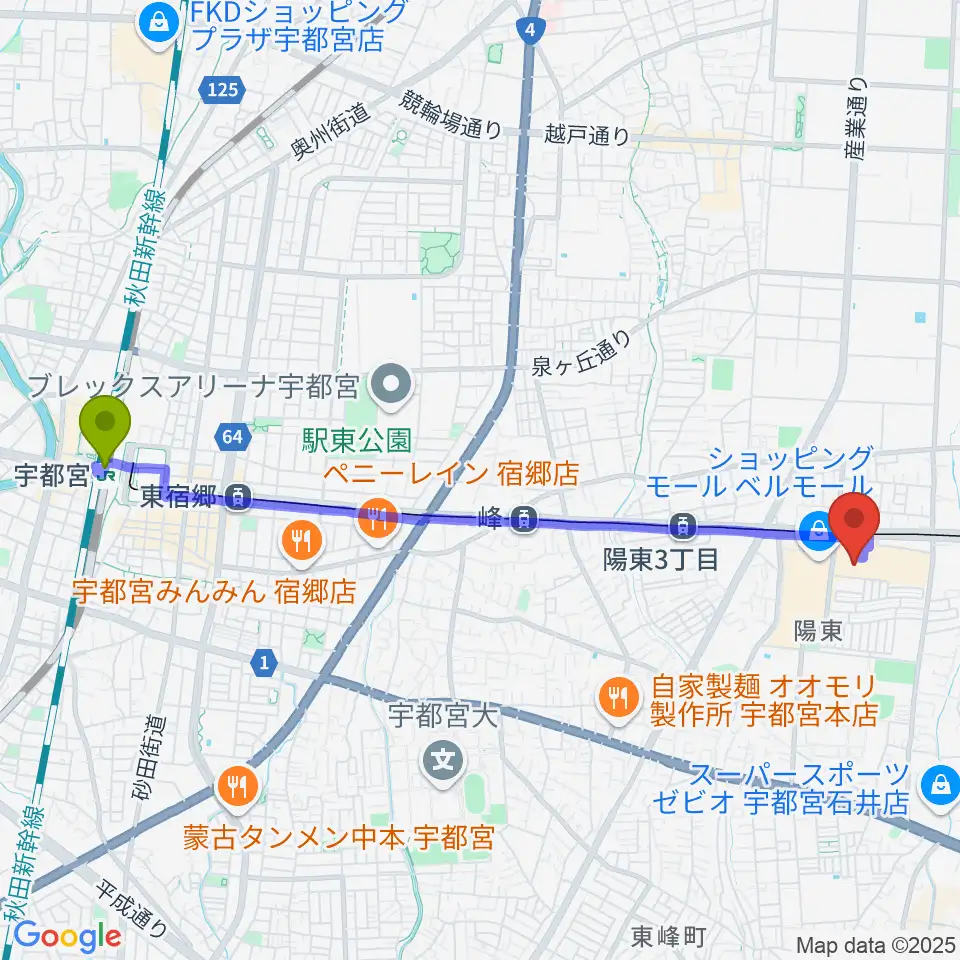 宇都宮駅からTOHOシネマズ宇都宮へのルートマップ地図