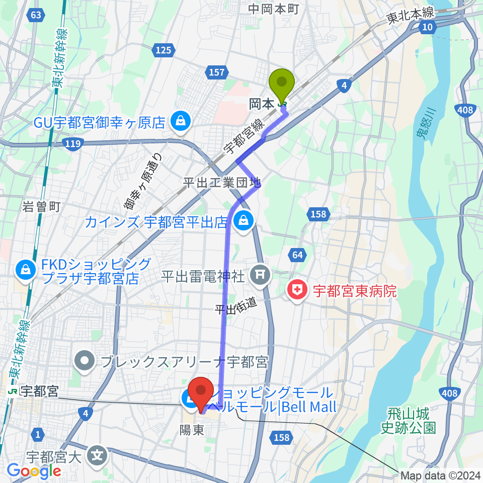 岡本駅からtohoシネマズ宇都宮へのルートマップ Mdata