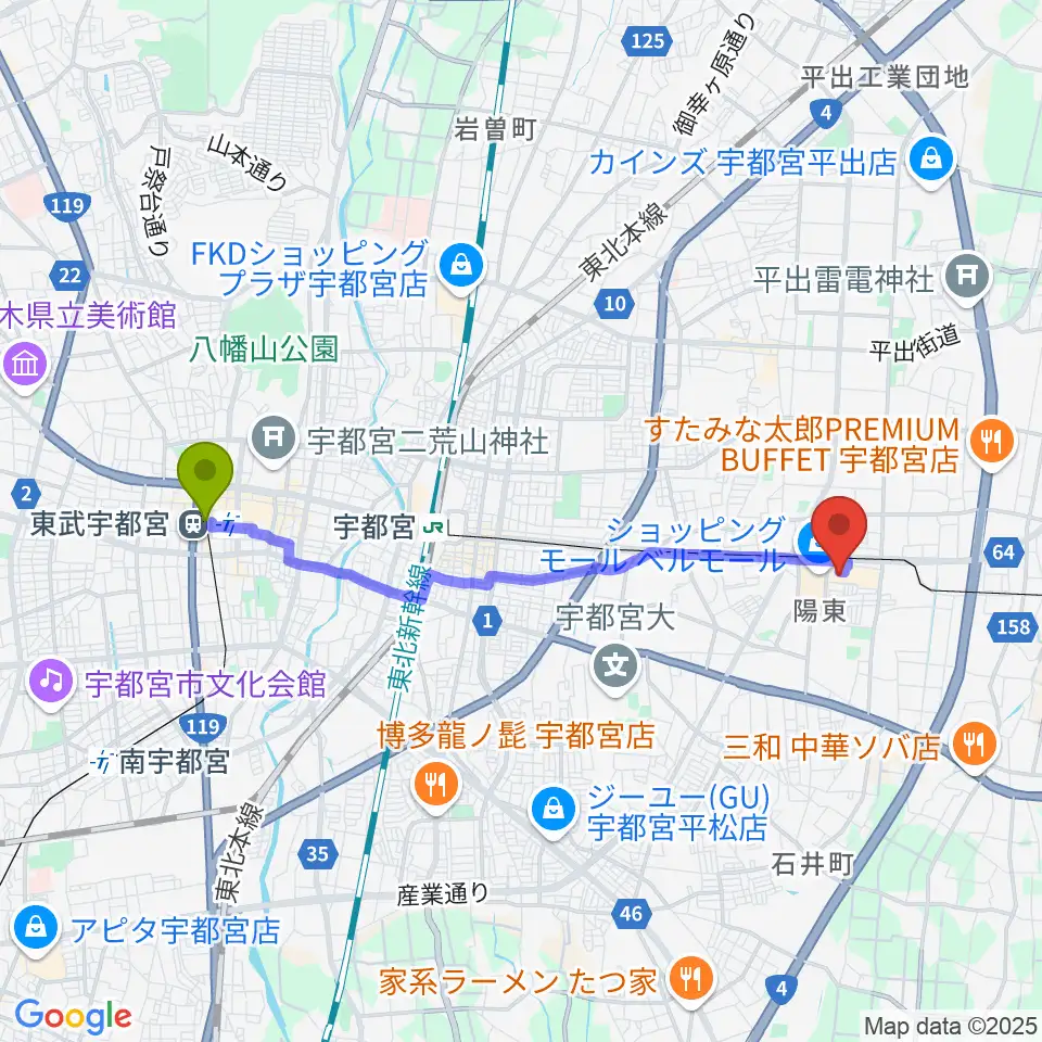 東武宇都宮駅からTOHOシネマズ宇都宮へのルートマップ地図