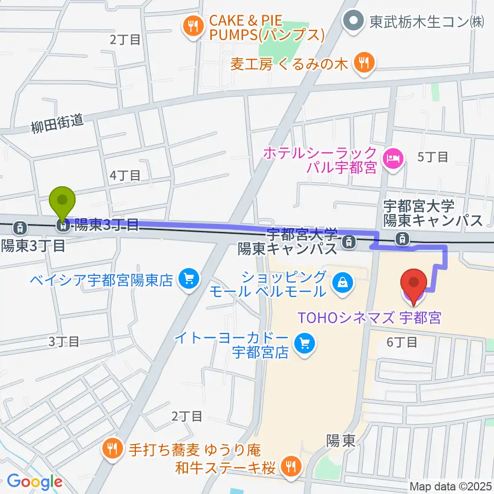 陽東3丁目駅からTOHOシネマズ宇都宮へのルートマップ地図