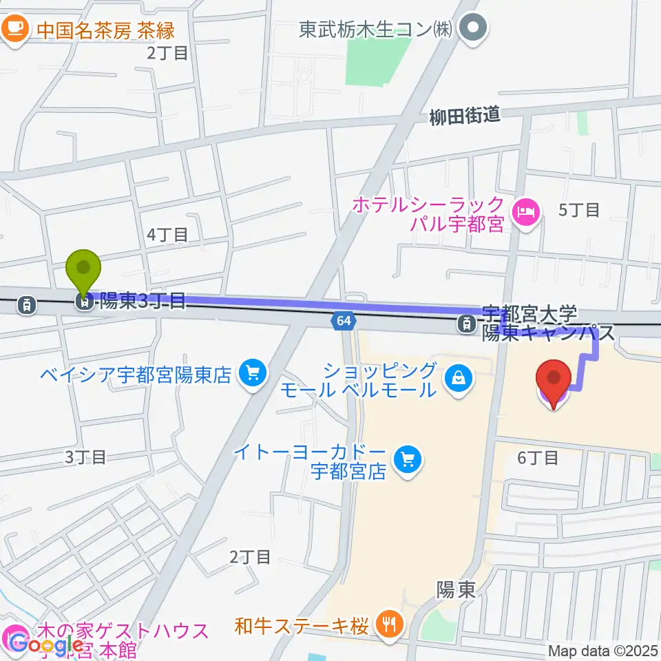 陽東3丁目駅からTOHOシネマズ宇都宮へのルートマップ地図