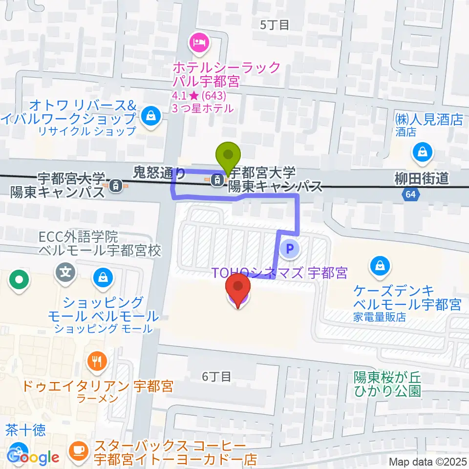 TOHOシネマズ宇都宮の最寄駅宇都宮大学陽東キャンパス駅からの徒歩ルート（約2分）地図