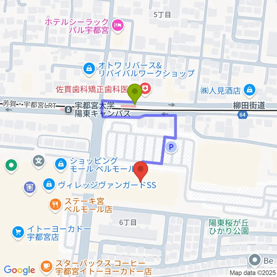 TOHOシネマズ宇都宮の最寄駅宇都宮大学陽東キャンパス駅からの徒歩ルート（約2分）地図