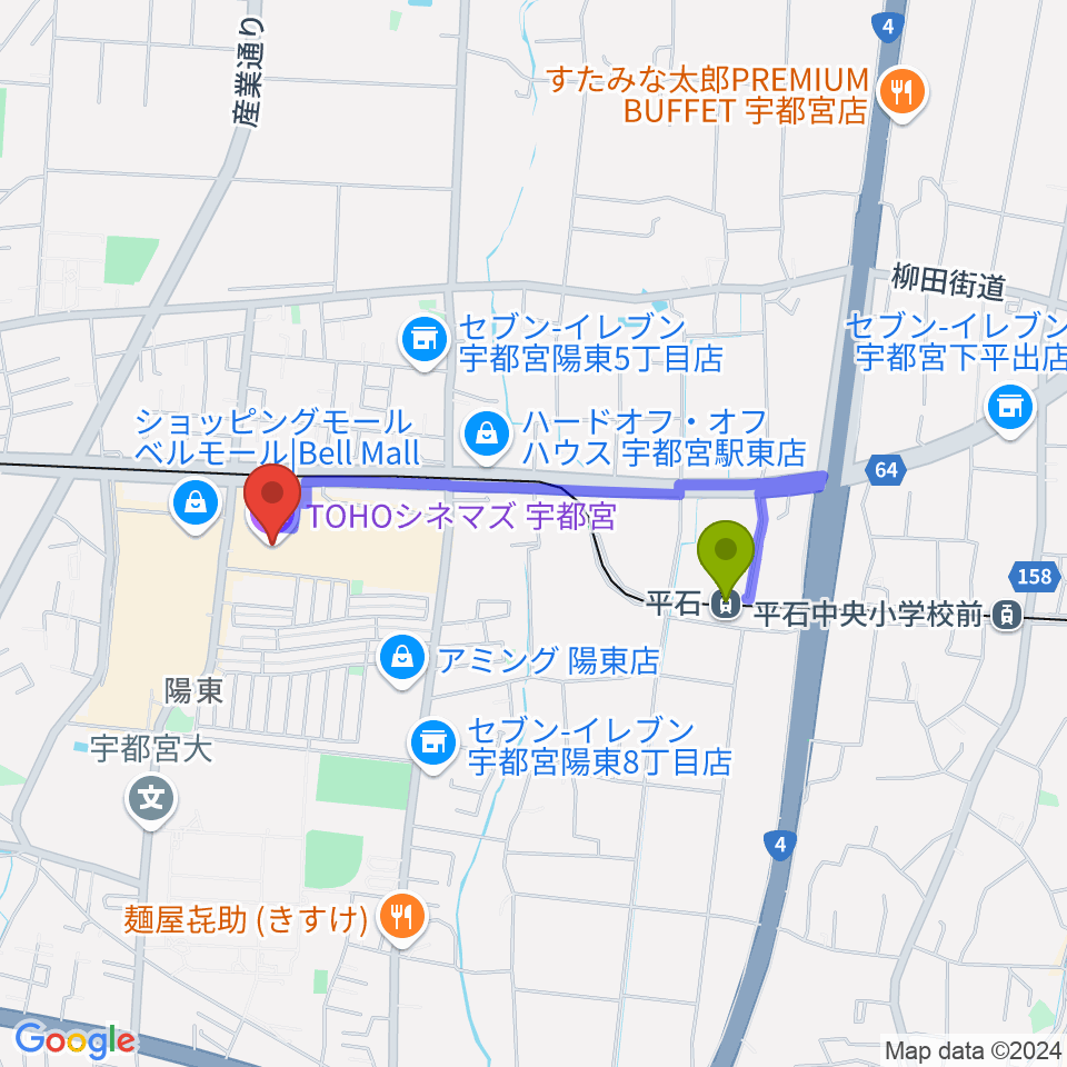 平石駅からTOHOシネマズ宇都宮へのルートマップ地図