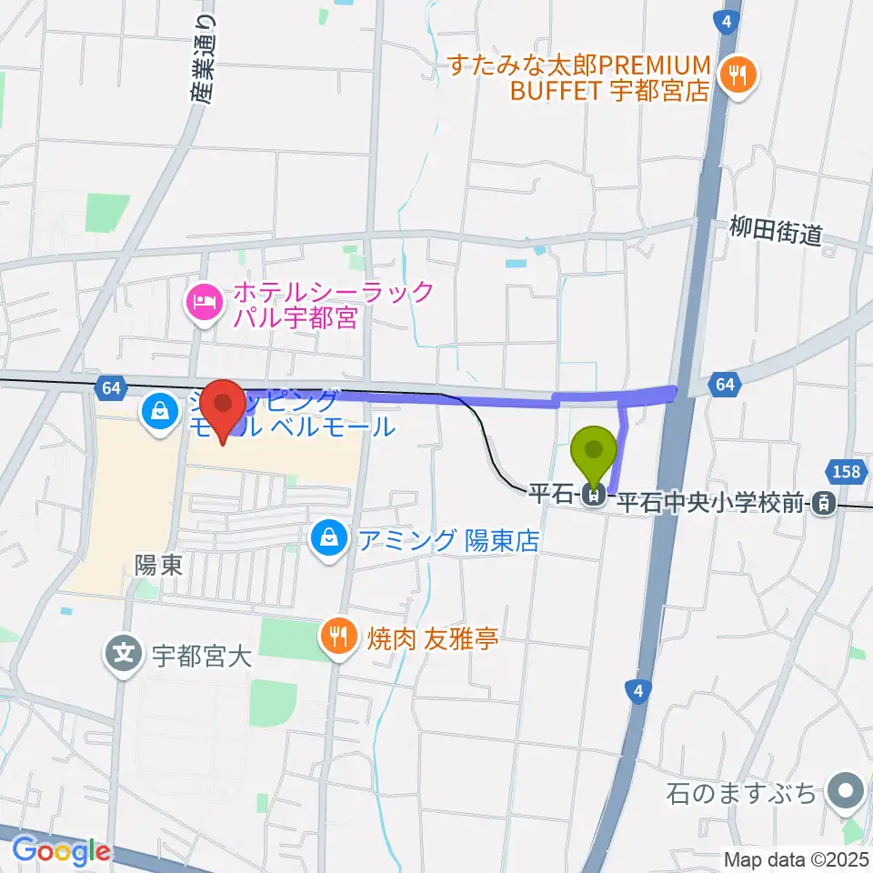 平石駅からTOHOシネマズ宇都宮へのルートマップ地図