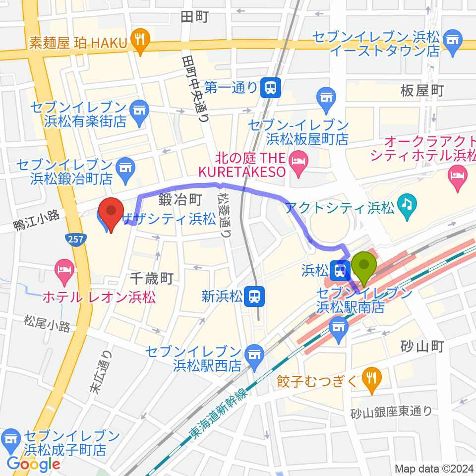 浜松駅からTOHOシネマズ浜松へのルートマップ地図