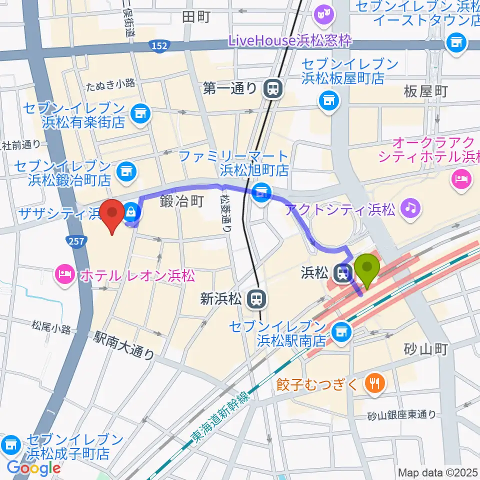 浜松駅からTOHOシネマズ浜松へのルートマップ地図