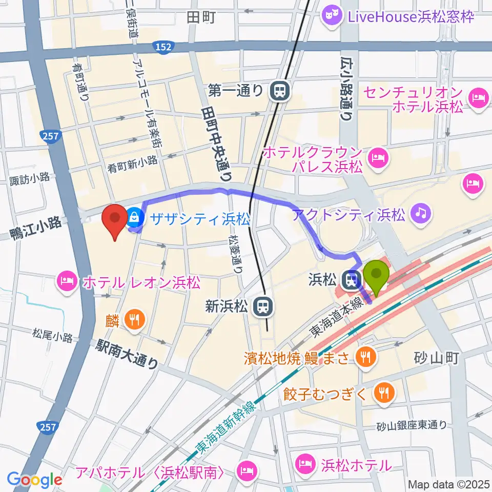 浜松駅からTOHOシネマズ浜松へのルートマップ地図